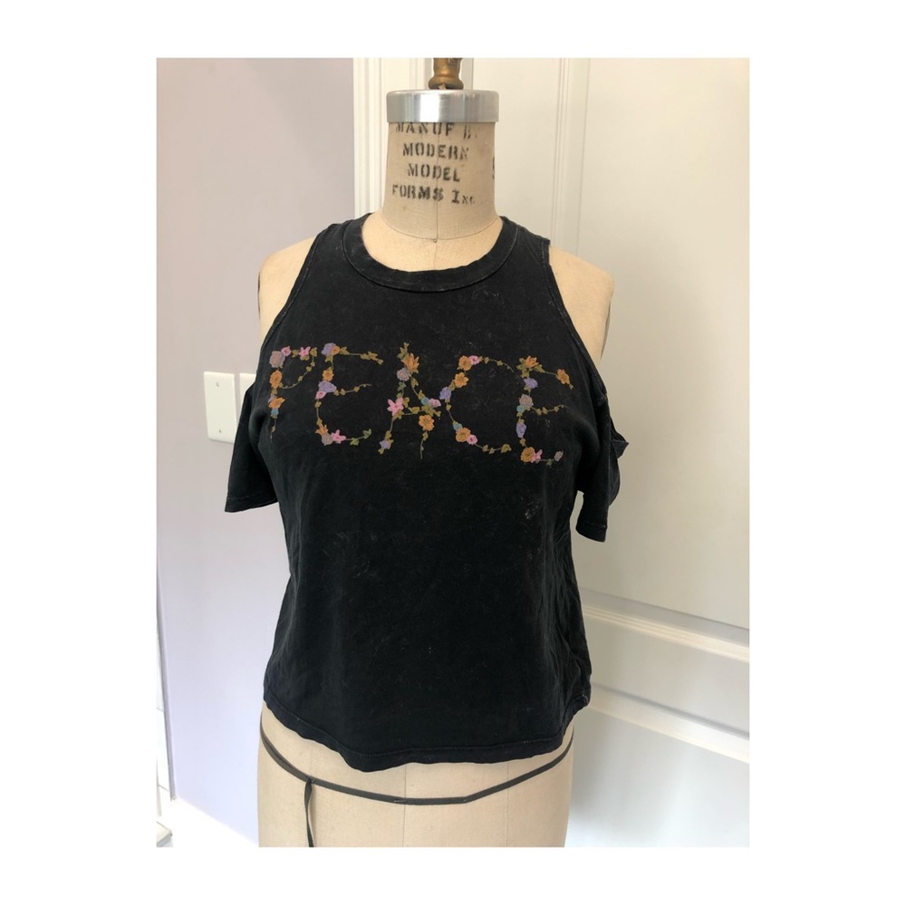 Black acid wash peace open shoulder short sleeve